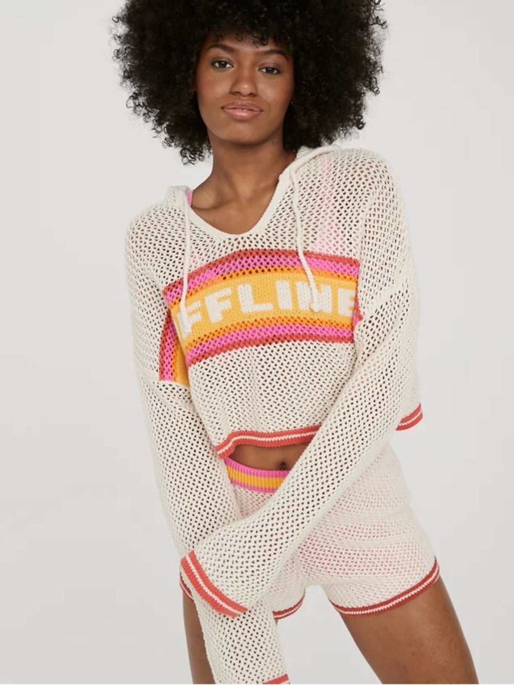 Aerie Offline Cream Crochet Hoodie Swim Cover-Up with Pink & Orange Stripe